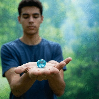 A person holding a smooth aquamarine gemstone in their palm, with a blurred, serene background