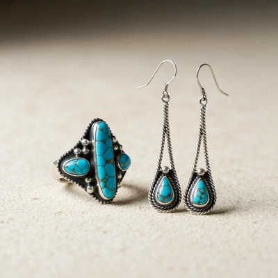 Assortment of natural blue gemstone jewelry on a display