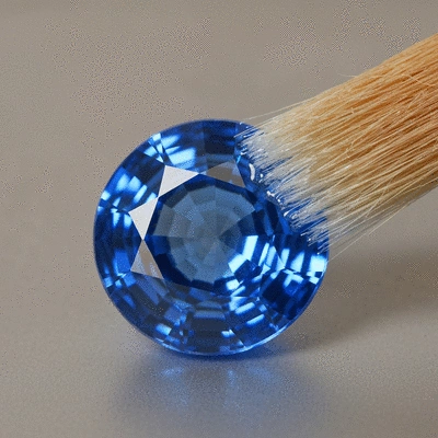Close-up of a blue sapphire being gently cleaned with a soft brush and mild soapy water