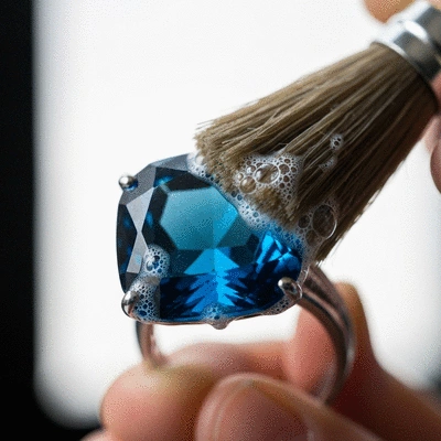 Close-up of a blue gemstone ring being gently cleaned with a soft brush and mild soap solution