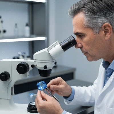 Gemologist examining a blue gemstone with specialized tools for certification