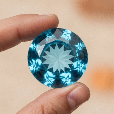Someone holding a polished blue topaz in their hand, showing its clarity and color