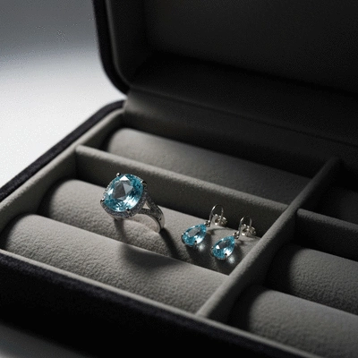 Aquamarine ring and earrings stored in a soft-lined jewelry box with separate compartments, no text, no words, no typography, 8K