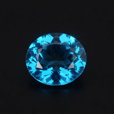 Close-up of a radiant blue topaz gemstone, exhibiting clear facets and brilliant light reflection