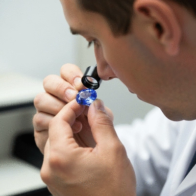 Jeweler examining a tanzanite gemstone with a loupe