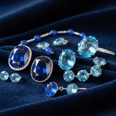 Assortment of blue gemstone jewelry including sapphire, aquamarine, and blue topaz, elegantly displayed on a velvet cloth