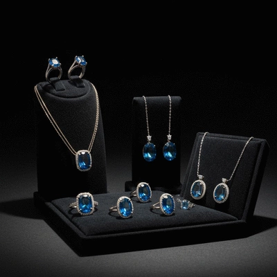 Assortment of blue gemstone jewelry on a velvet display
