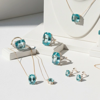 Aquamarine jewelry on display in a clean, elegant setting, no text, no words, no typography, 8K