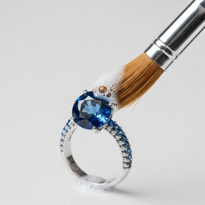 Close-up of a sapphire ring being gently cleaned with a soft brush and mild soap solution, sparkling blue gemstone, no text, no words, no typography, clean image