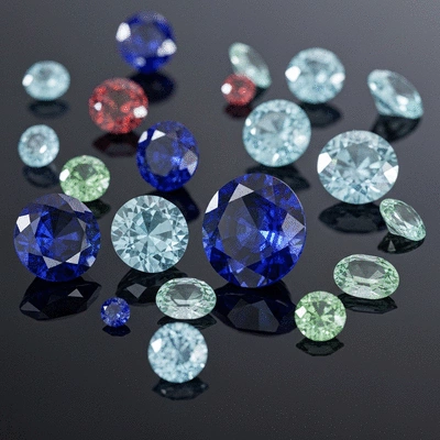A variety of cut and polished blue gemstones, such as sapphire, aquamarine, and topaz, displayed on a dark, reflective surface