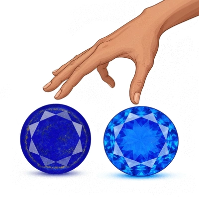 Stylized graphic illustrating the choice between Lapis Lazuli and Sapphire gemstones