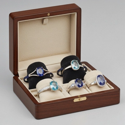 Assortment of blue gemstone rings stored safely in individual soft pouches inside a jewelry box