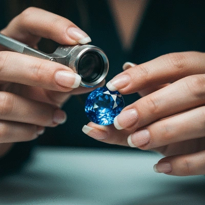 Close-up of a gemologist examining a blue gemstone with a loupe