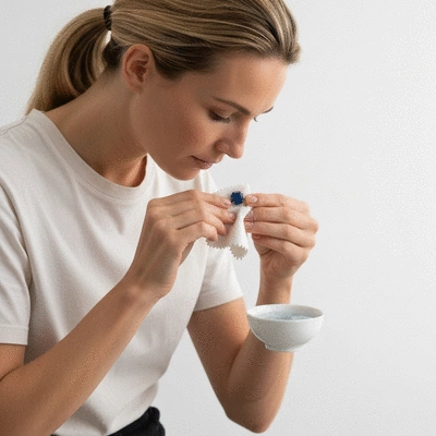 A woman gently cleaning blue gemstone earrings with a soft cloth and a small bowl of cleaning solution on a clean, white surface, no text, no words, no typography, clean image