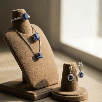 Assortment of sapphire jewelry on a velvet display