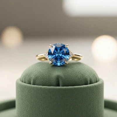 Engagement rings with blue sapphire and tanzanite side-by-side on a velvet cushion