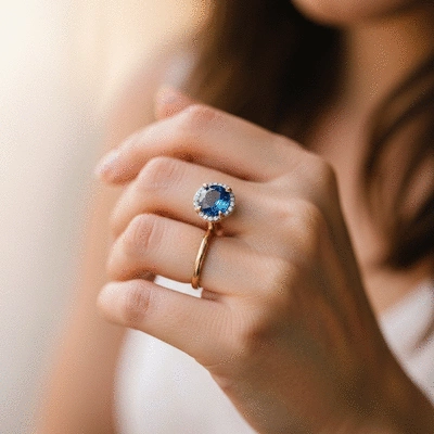 Close up of a hand holding an engagement ring, showing the detail of the blue gemstone