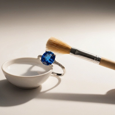 Close-up of sapphire jewelry being cleaned with a soft brush and gentle cleaning solution