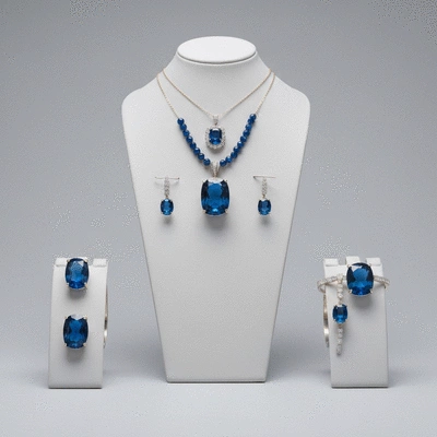 Elegant blue gemstone jewelry on a display stand.