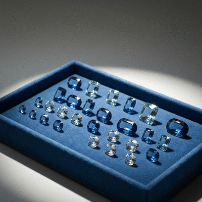 Assortment of blue gemstones on a display tray