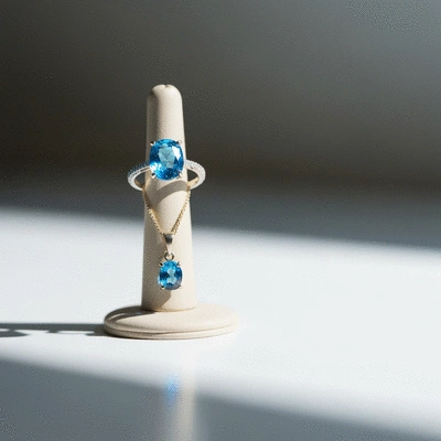 Elegant blue gemstone ring and pendant on a clean display