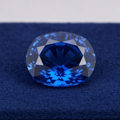 Close-up of a deep blue sapphire gemstone on a velvet background