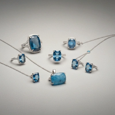 Elegant display of various blue gemstone jewelry pieces on a soft, neutral background