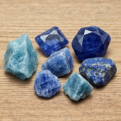 Collection of raw blue gemstones including sapphire, aquamarine, and lapis lazuli on a rustic wooden surface.