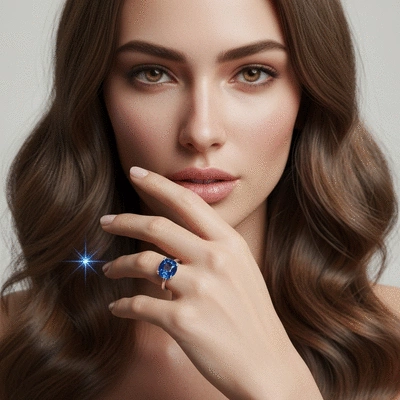 Aquarian woman wearing a blue sapphire ring