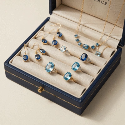 Elegant fabric-lined jewelry box with various blue gemstone jewelry pieces inside, softly lit