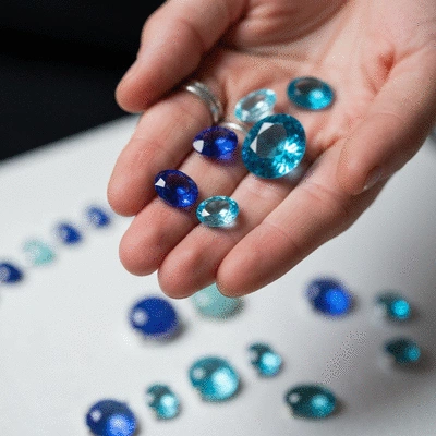 Close-up of hands holding various blue gemstones, showcasing their different hues and cuts, with a blurred background of a jewelry display
