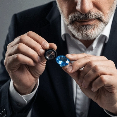 Close-up of a blue gemstone being examined with a jeweler's loupe