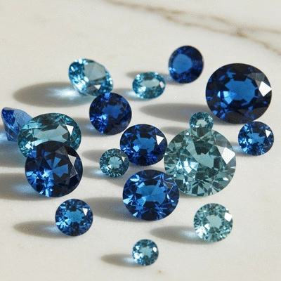 A collection of various blue gemstones, showcasing different hues and cuts, arranged artfully