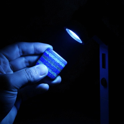 A hand holding a lapis lazuli stone under a UV light, demonstrating authenticity test