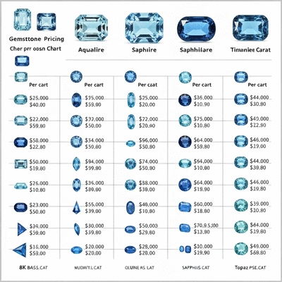 A detailed gemstone pricing chart showing different blue gemstones with varying prices per carat, clean and professional design