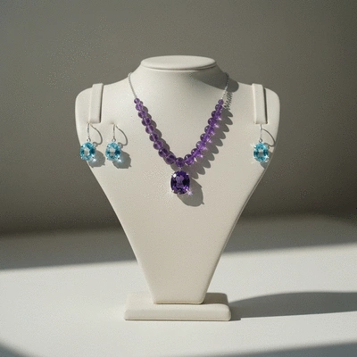 Elegant amethyst necklace and aquamarine earrings