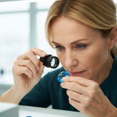Close-up of a gemologist inspecting a blue gemstone with a loupe, professional setting, bright lighting, no text, no words, no typography, 8K, clean image