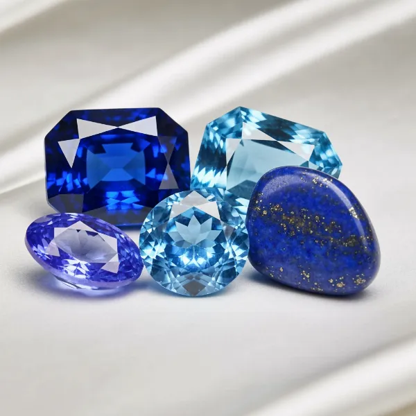 Collection of various blue gemstones like sapphire, aquamarine, blue topaz, lapis lazuli, and tanzanite, artfully arranged to showcase their beauty.